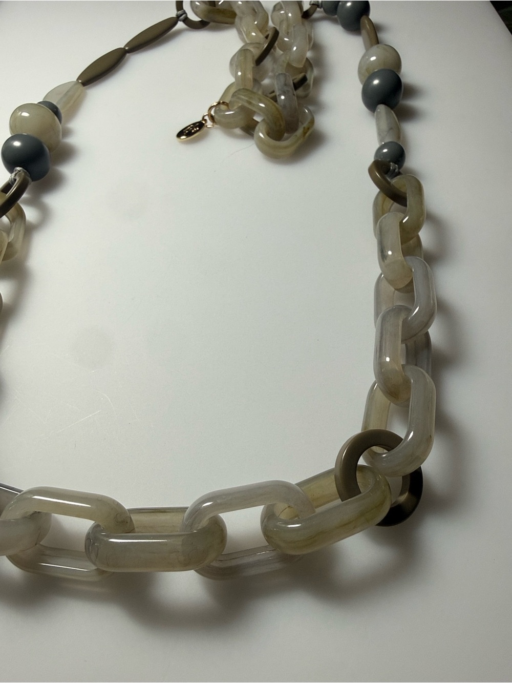 Neutral Toned Link & Bead Statement Over the Head Necklace - Cream and Gray